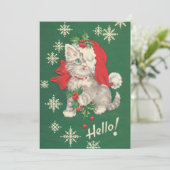 かわいいヴィンテージグリーンレッドクリスマスキャット シーズンカード (スタンド正面)