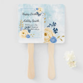 かわいいヴィンテージゴールデンフローラブルーの水色 ハンドファン (正面&裏面)