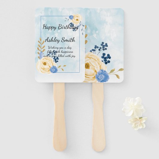 かわいいヴィンテージゴールデンフローラブルーの水色 ハンドファン (正面&裏面)