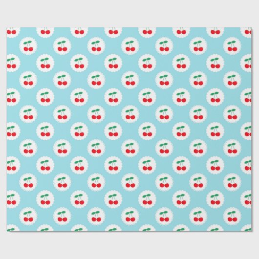かわいいヴィンテージサマーブルー、ホワイト&レッドさくらんぼ ラッピングペーパー (フラット)