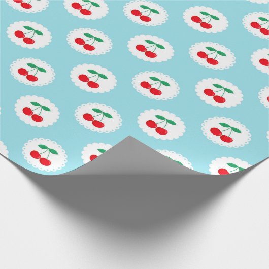 かわいいヴィンテージサマーブルー、ホワイト&レッドさくらんぼ ラッピングペーパー (角)