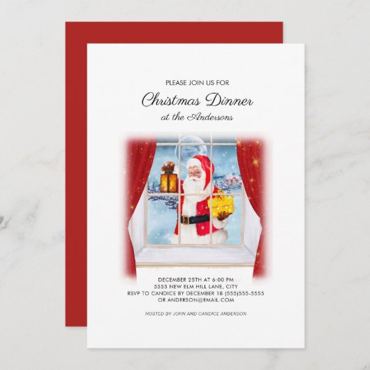 かわいいヴィンテージサンタクロース窓クリスマスディナー 招待状 (正面/裏面)