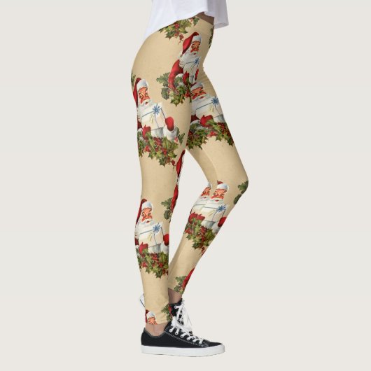 かわいいヴィンテージサンタパターン、クリスマス レギンス (右)