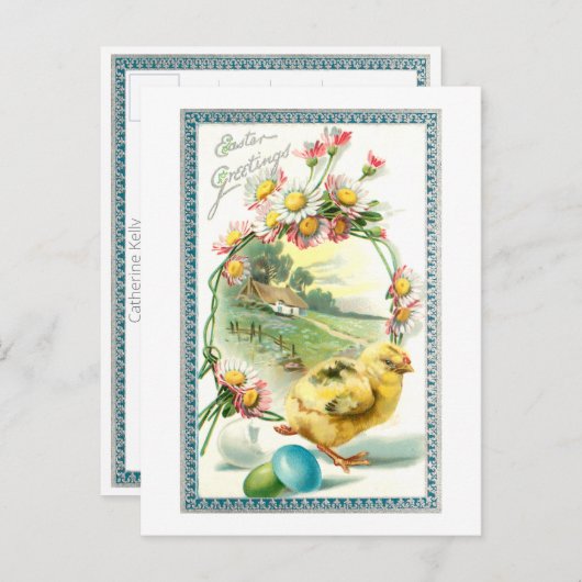 かわいいヴィンテージシック、イースターエッグとデイジー ポストカード (正面/裏面)