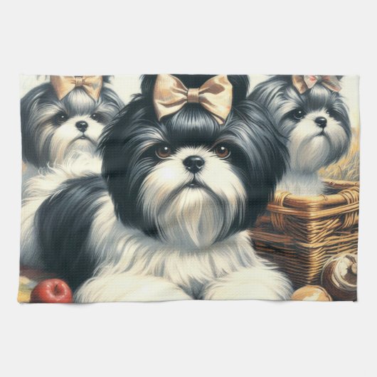 かわいいヴィンテージシーズー(犬)ツ絵画ズ キッチンタオル (横)