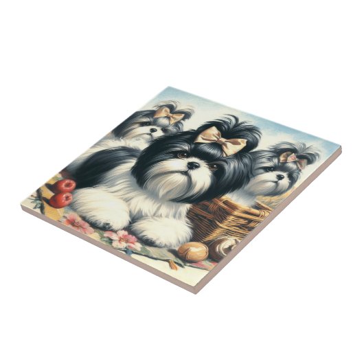 かわいいヴィンテージシーズー(犬)ツ絵画ズ タイル (側面)