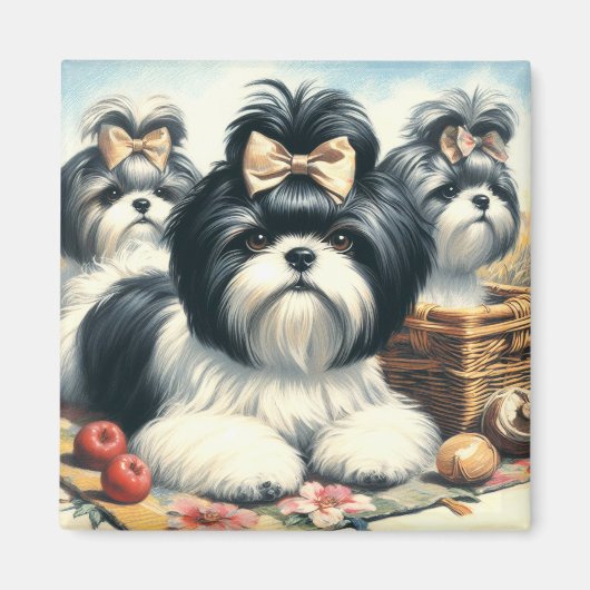 かわいいヴィンテージシーズー(犬)ツ絵画ズ マグネット (正面)