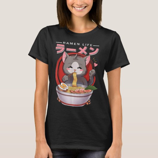 かわいいヴィンテージスタイルの日本のラーメン猫 Tシャツ (正面)