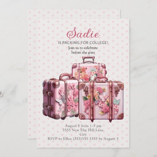 かわいいヴィンテージスーツケースピンクの大学トランクパーティー 招待状 (正面/裏面)