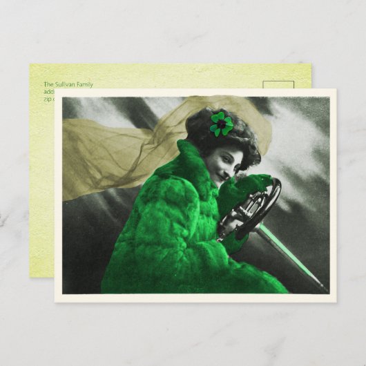かわいいヴィンテージセントパトリックの日グリーンガールin車 シーズンポストカード (正面/裏面)