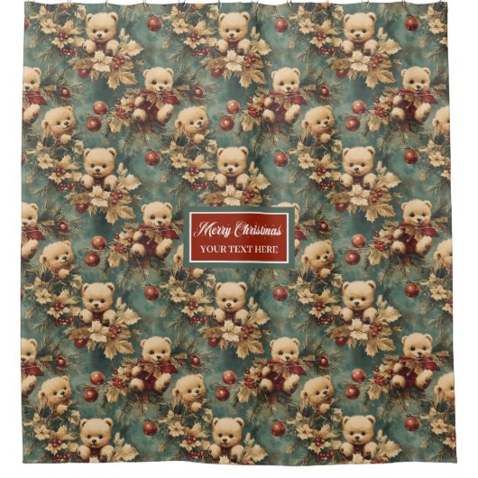 かわいいヴィンテージテディはクリスマスプレゼントのカーテンをクマ シャワーカーテン (正面)