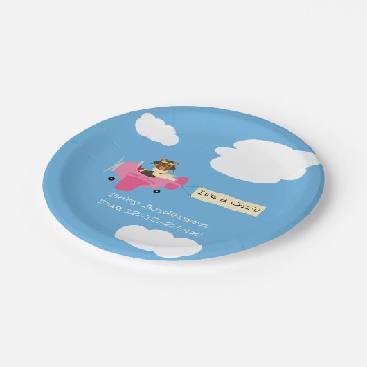 かわいいヴィンテージテディベアパイロットガールバビシャワー ペーパープレート (アングル)