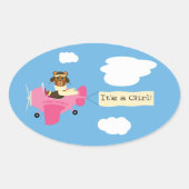 かわいいヴィンテージテディベアパイロット女の子シール 楕円形シール (正面)