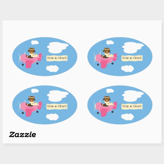 かわいいヴィンテージテディベアパイロット女の子シール 楕円形シール (シート)