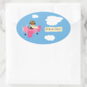 かわいいヴィンテージテディベアパイロット女の子シール 楕円形シール (バッグ)