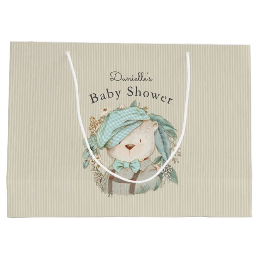 かわいいヴィンテージテディベア男の子のためのベビーシャワー ラージペーパーバッグ (裏面)