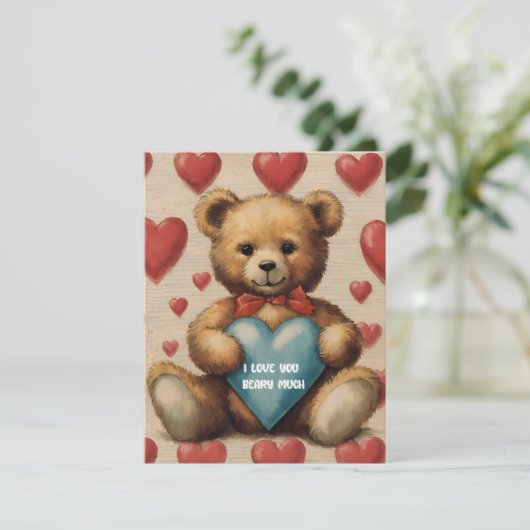 かわいいヴィンテージテディベア私はあなたを愛するバレンタインカード (スタンド正面)