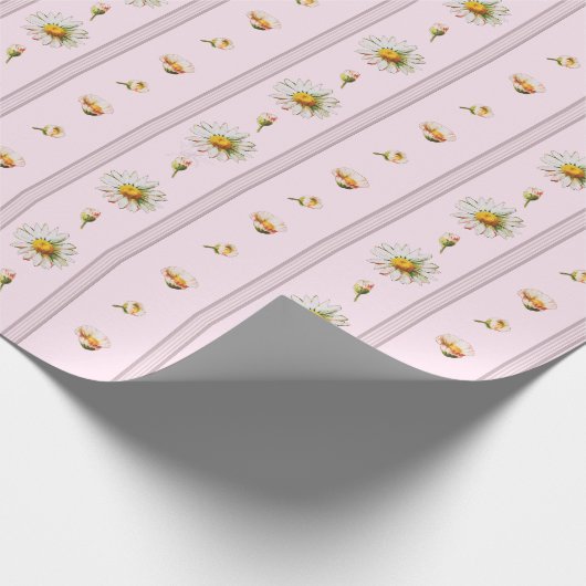 かわいいヴィンテージデイジーストライプピンク ラッピングペーパー (角)