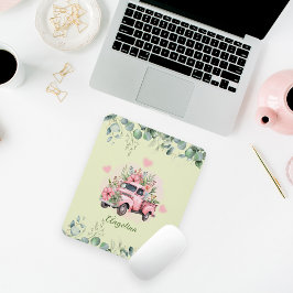 かわいいヴィンテージトラックピンクフローラ緑の葉 マウスパッド