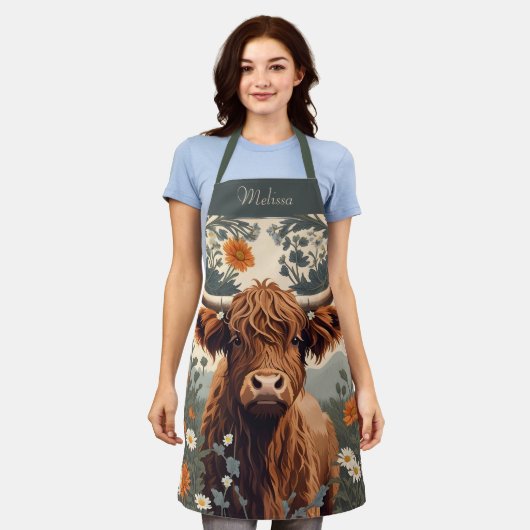 かわいいヴィンテージハイランドパーソナライズされた牛の名前 エプロン (着用した状態)