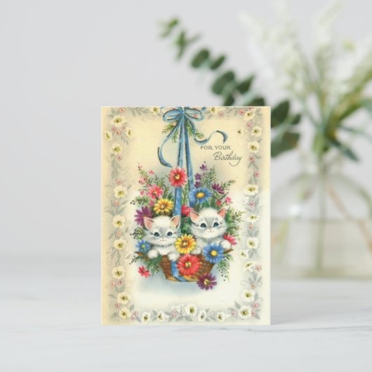 かわいいヴィンテージハッピーバースデー子猫かご シーズンカード (スタンド正面)