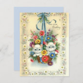 かわいいヴィンテージハッピーバースデー子猫かご シーズンカード (正面/裏面)