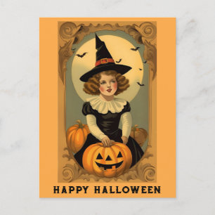 かわいいヴィンテージハロウィーンウィッチハットガールカボチャ ポストカード