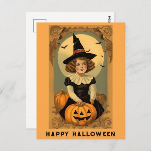 かわいいヴィンテージハロウィーンウィッチハットガールカボチャ ポストカード (正面/裏面)