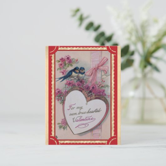 かわいいヴィンテージバレンタインデーハートフローラバード ポストカード (スタンド正面)