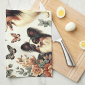 かわいいヴィンテージパピロンドッグイラストレーション キッチンタオル (四つ折り)