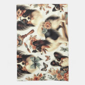 かわいいヴィンテージパピロンドッグイラストレーション キッチンタオル (縦)