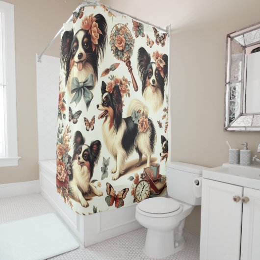 かわいいヴィンテージパピロンドッグイラストレーション シャワーカーテン (インサイチュ)