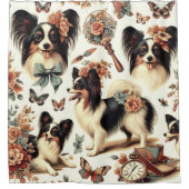 かわいいヴィンテージパピロンドッグイラストレーション シャワーカーテン (正面)