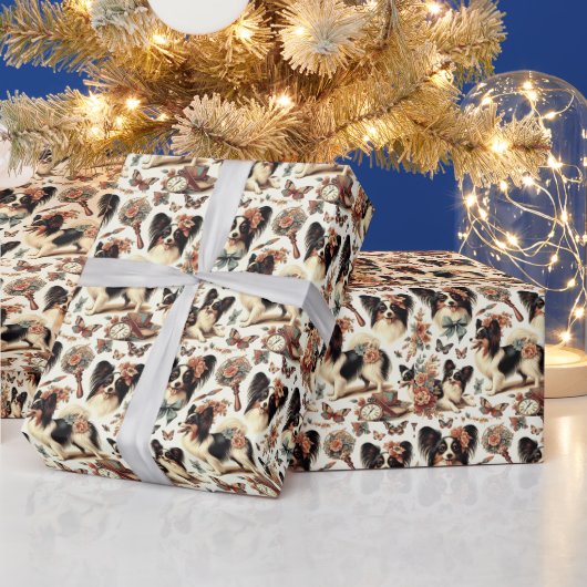 かわいいヴィンテージパピロンドッグイラストレーション ラッピングペーパー (クリスマス)