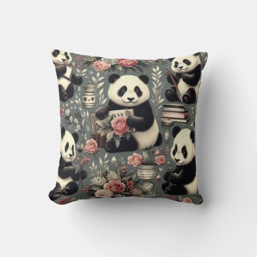 かわいいヴィンテージパンダフローラ クッション (正面)