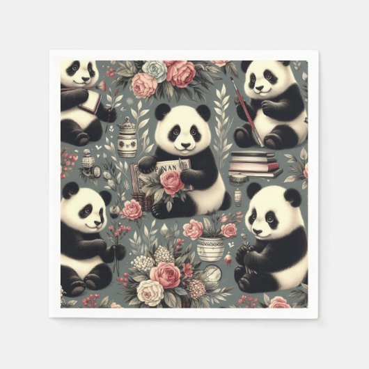 かわいいヴィンテージパンダフローラ スタンダードカクテルナプキン (正面)