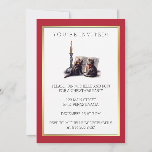 かわいいヴィンテージビクトリアンのクリスマス猫と金ゴールド 招待状 (正面)