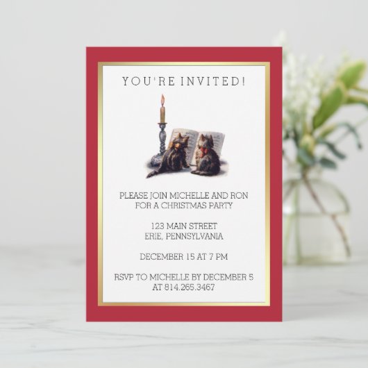 かわいいヴィンテージビクトリアンのクリスマス猫と金ゴールド 招待状 (スタンド正面)