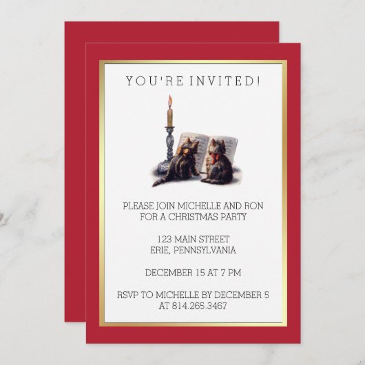 かわいいヴィンテージビクトリアンのクリスマス猫と金ゴールド 招待状 (正面/裏面)