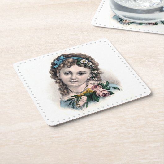 かわいいヴィンテージビクトリアンフラワーガール スクエアペーパーコースター (アングル)