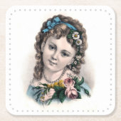 かわいいヴィンテージビクトリアンフラワーガール スクエアペーパーコースター (正面)