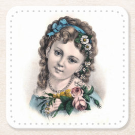 かわいいヴィンテージビクトリアンフラワーガール スクエアペーパーコースター