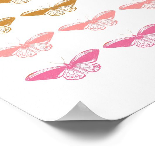 かわいいヴィンテージピンクバタフライイラストレーション ポスター (角)