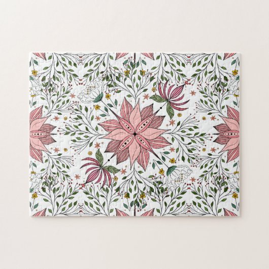 かわいいヴィンテージピンクフローラドードルタイルアート ジグソーパズル (横)