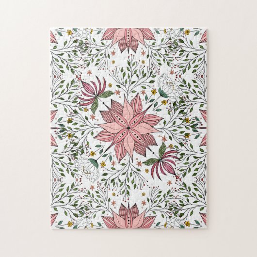 かわいいヴィンテージピンクフローラドードルタイルアート ジグソーパズル (縦)