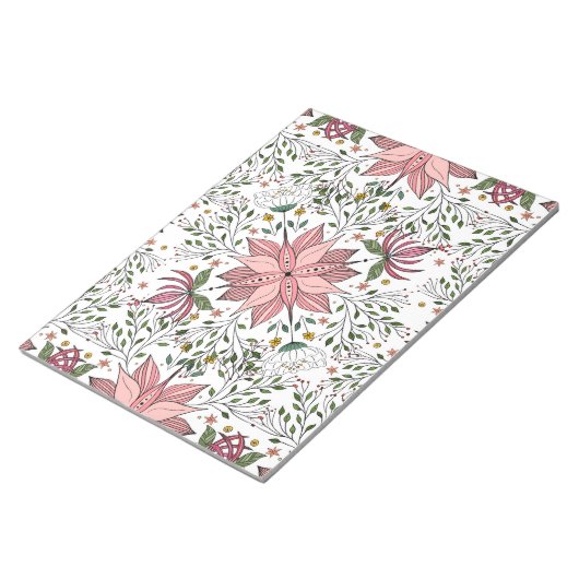 かわいいヴィンテージピンクフローラドードルタイルアート ノートパッド (アングル)