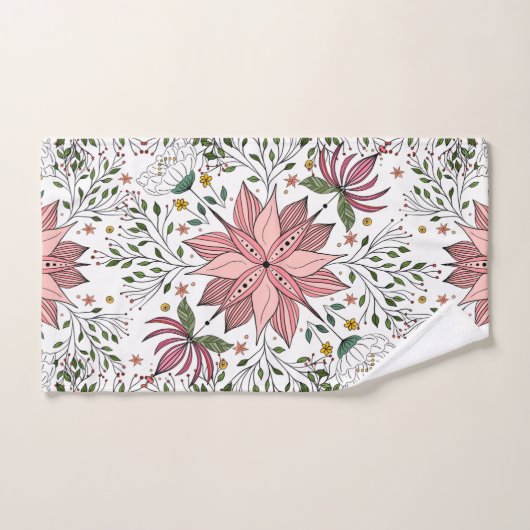 かわいいヴィンテージピンクフローラドードルタイルアート バスタオルセット (ハンドタオル)