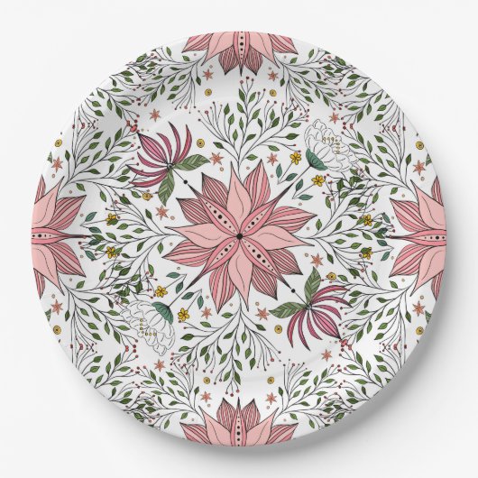 かわいいヴィンテージピンクフローラドードルタイルアート ペーパープレート (正面)