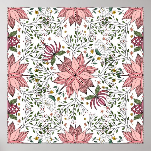 かわいいヴィンテージピンクフローラドードルタイルアート ポスター (正面)
