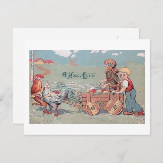 かわいいヴィンテージファームの子供たちイースター卵カート シーズンポストカード (正面/裏面)